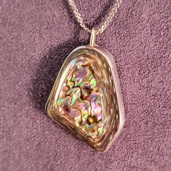 Vintage Artisan Abalone Freeform Sterling Pendant Necklace - Picture 4 of 7